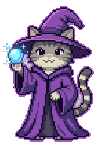 Pixel cat wizard holding a glowing orb