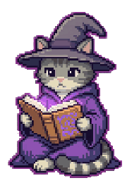 Pixel cat wizard mascot reading a spellbook